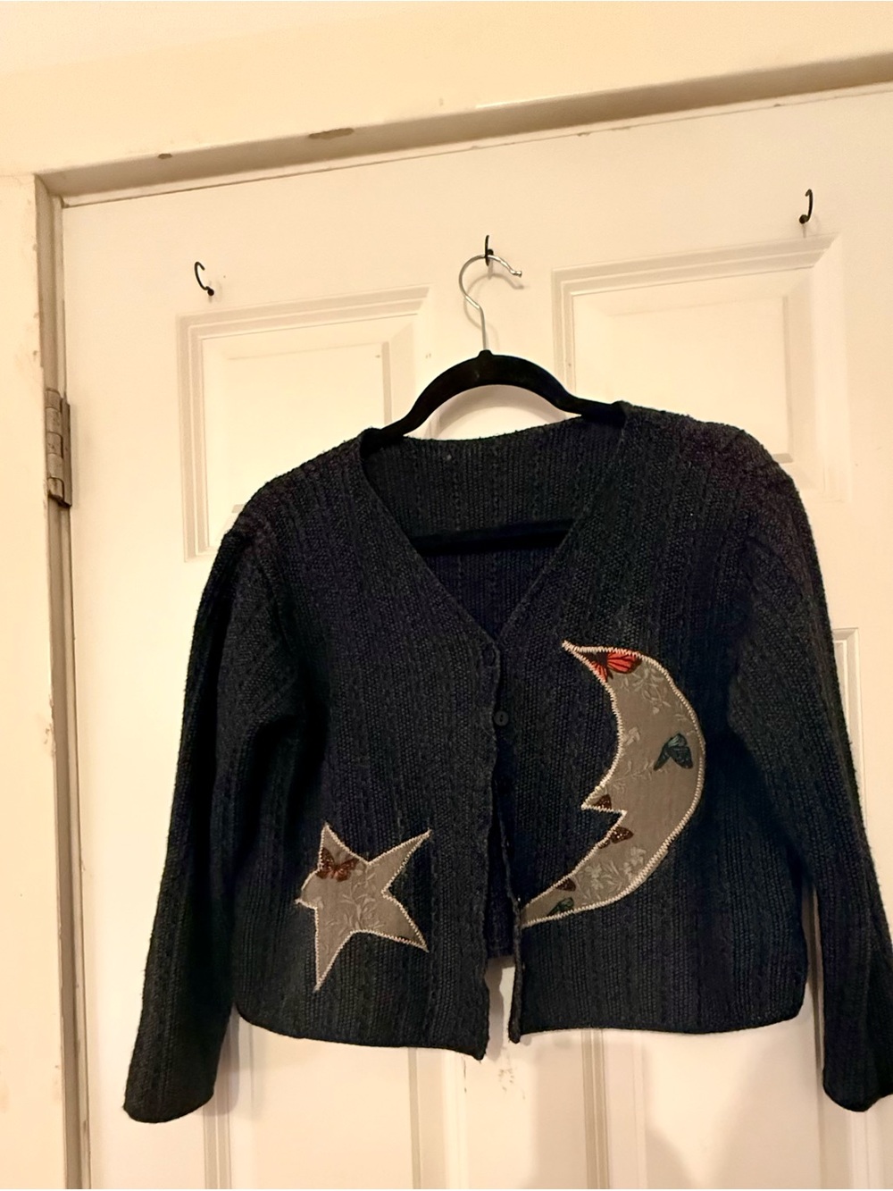 Upcycled Celestial Moon & Star Appliqué Women's Cardigan